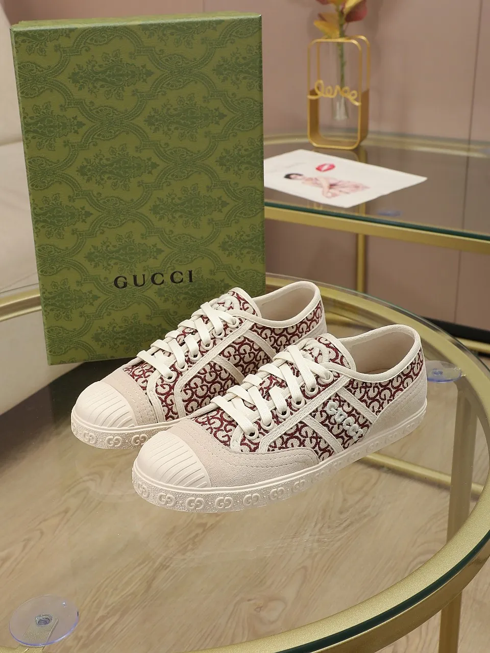 👟👟Ex-factory price 420👟👟 GUCCI~24 The latest double G embroidered low-cut lace-up fashion sneakers, originally developed, the fabric is exclusive double G fabric, the upper is perfectly matched with special craftsmanship, the lining is sheepskin, rubber outsole, size 35 to 40
